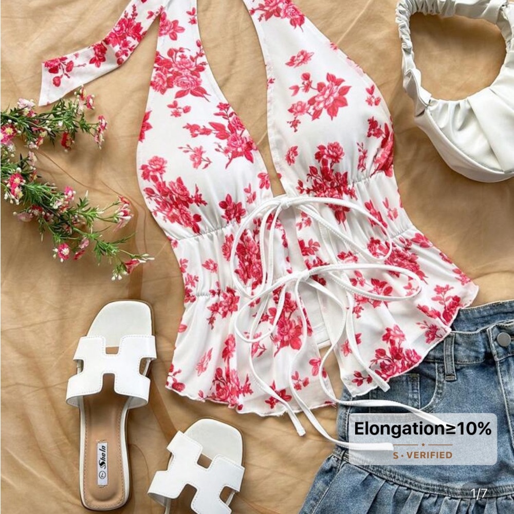 Floral Halter Top - Red and White